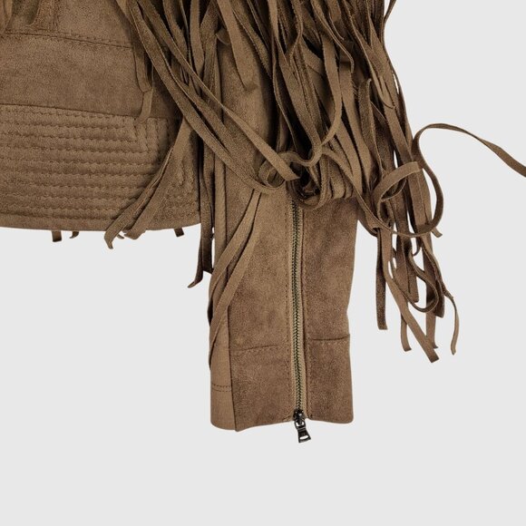 BCBGMAXAZRIA Tan Faux Suede Fringe Moto Jacket With Zipper Womens Size S - Picture 3 of 11
